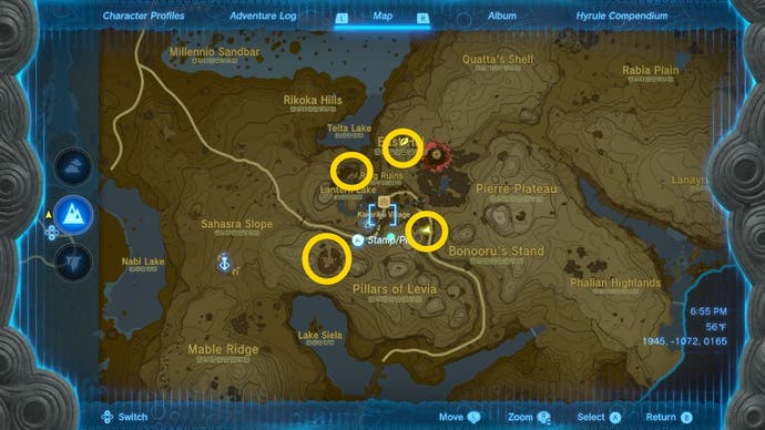 Map showing all of the Ring Ruin locations you need to visit in A Trip Through History in Zelda: Tears of the Kingdom.