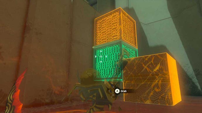 Link using his powers to raise a cube inside a shrine puzzle.