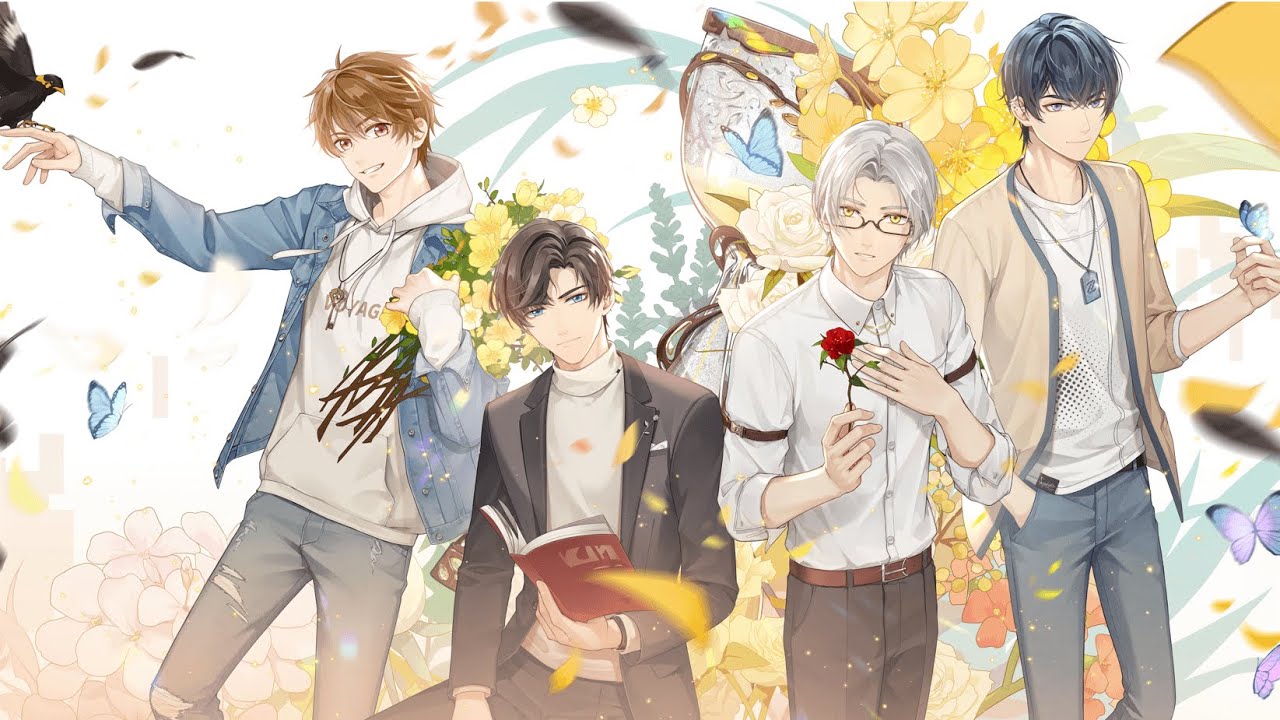 The four male leads of Tears of Themis — Luke, Artem, Vyn, and Marius — pose dramatically against an abstract yellow-and-white background in a piece of key art released to celebrate the one month anniversary of the game's global launch in 2021. - 1