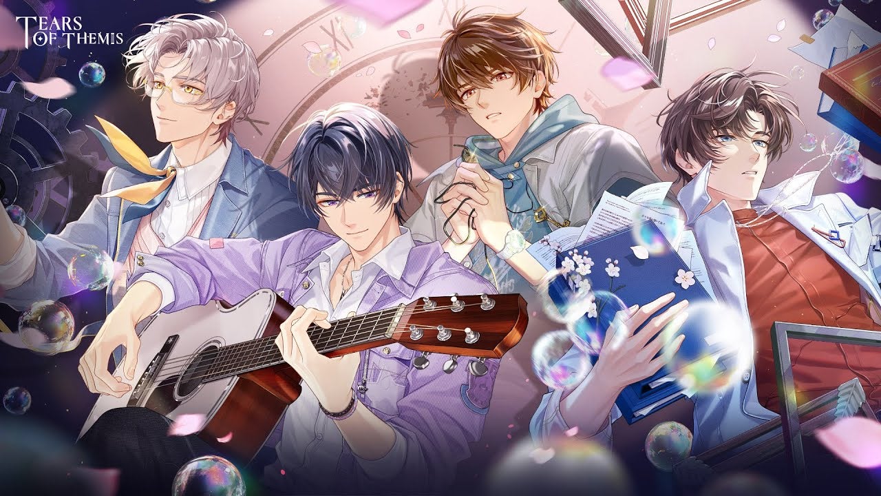 The four male leads from Tears of Themis — Vyn, Marius, Luke, and Artem — pose against an abstract background in the game's 4th anniversary celebration key art. - 1