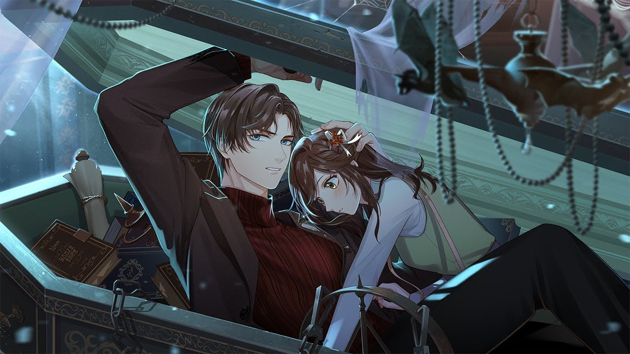 Key art from Artem Wing's character intro trailer for Tears of Themis which shows him seated in a coffin full of books, propping the lid up with his arm while embracing the heroine. A candelabra with bat-shaped ornaments is visible in the foreground. - 1