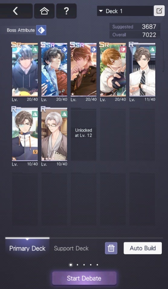 Tears of Themis' card deck assembly screen, showcasing a hand of seven cards in preparation for a boss fight with the blue (Logic) attribute. - 3