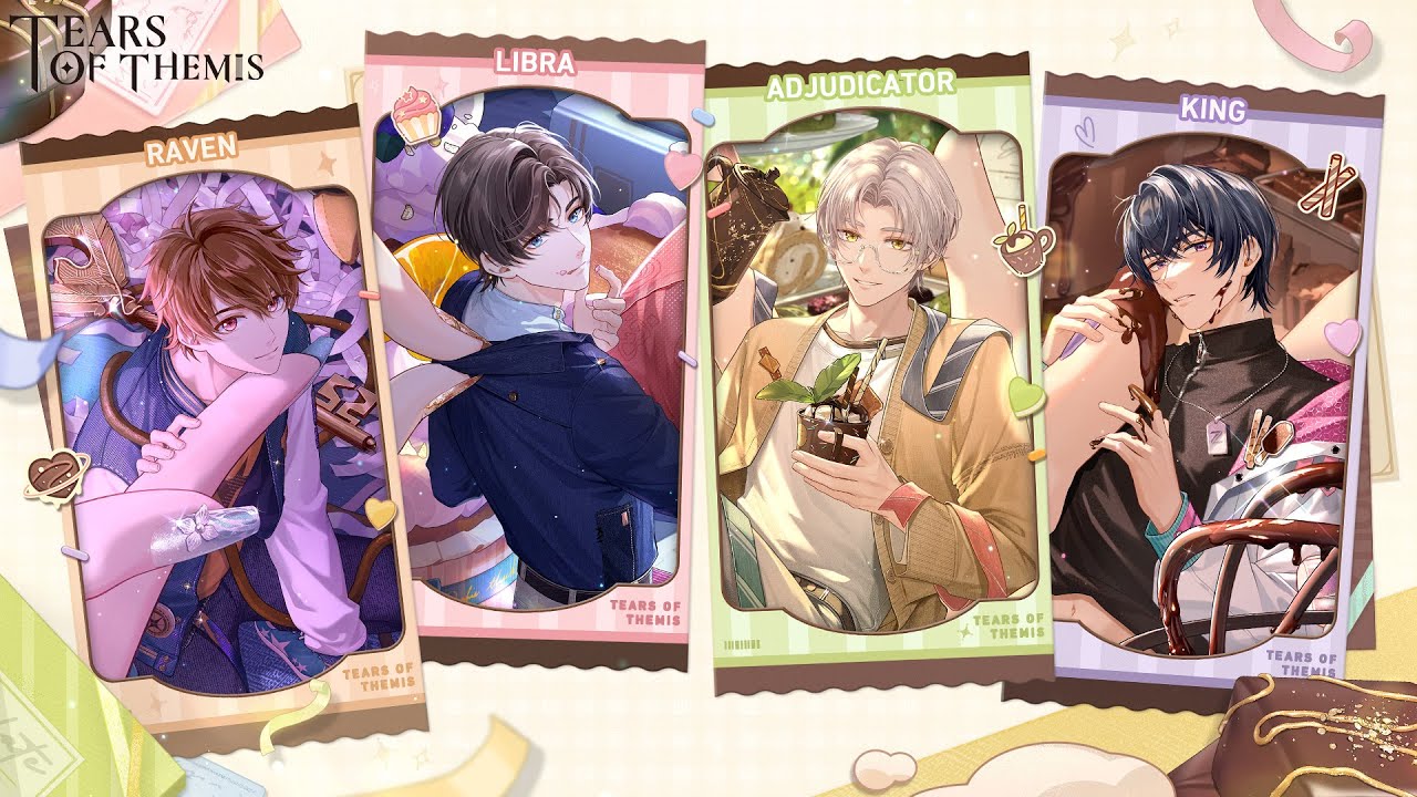 Card images from Tears of Themis showing tiny dessert-themed images of the four male leads being held in a giant hand alongside their NXX code names (Raven for Luke, Libra for Artem, Adjudicator for Vyn, and King for Marius). - 1