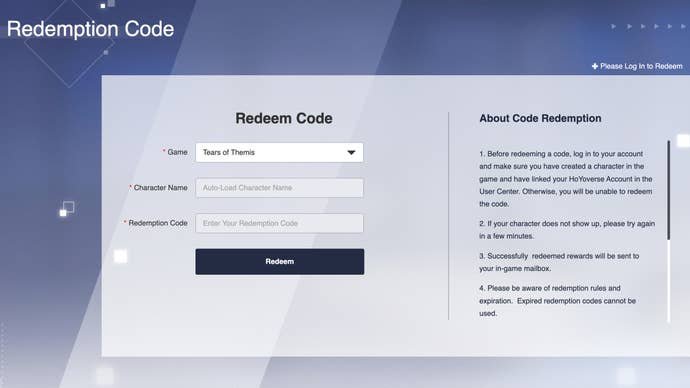 Screenshot of the website Tears of Themis players need to visit to activate a redemption code.