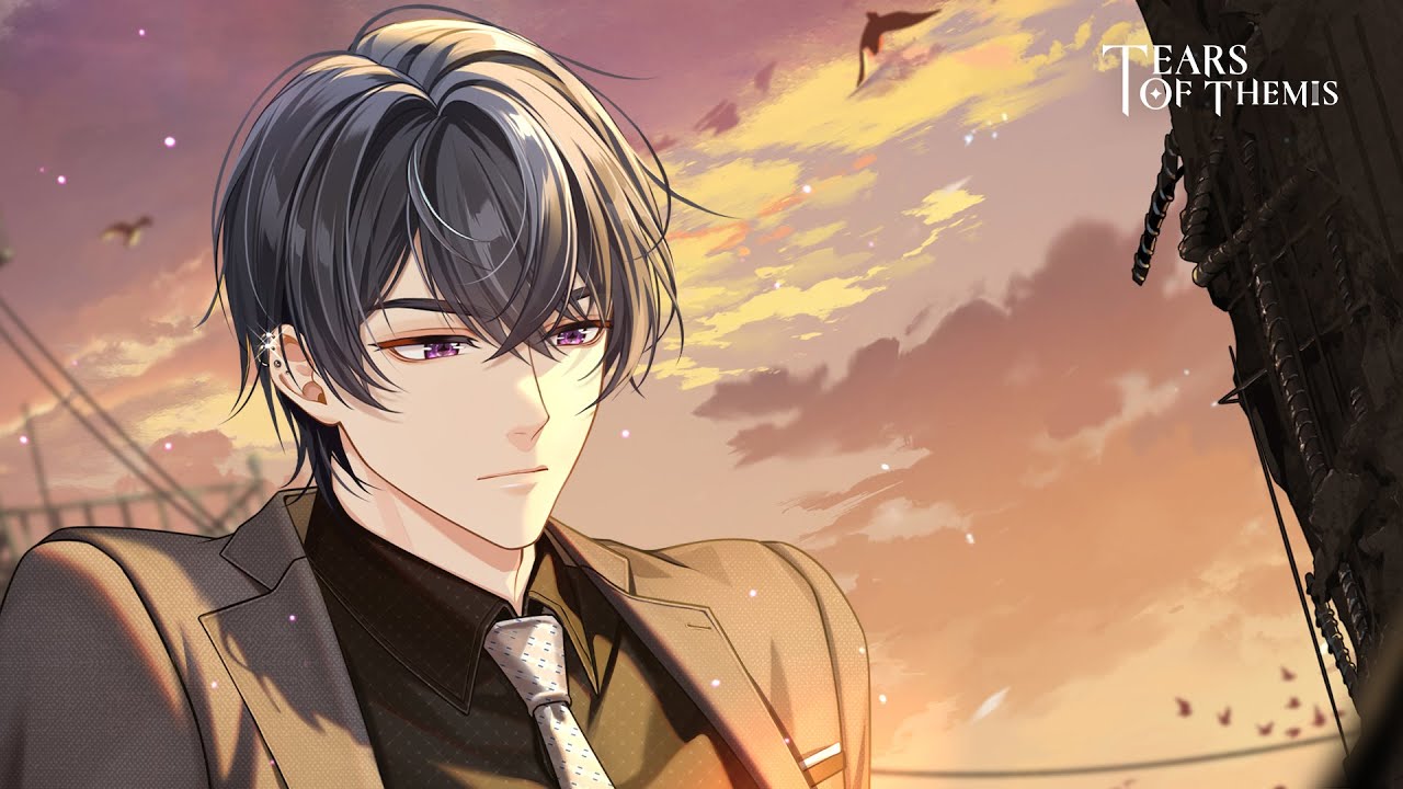 Marius, dressed in a grey suit with a white tie and black shirt, looks moodily downwards at nothing in particular, framed against a sunset sky with birds flying overhead and the wires of a suspension bridge behind him, in the trailer key art for Tears of Themis Episode 12. - 1