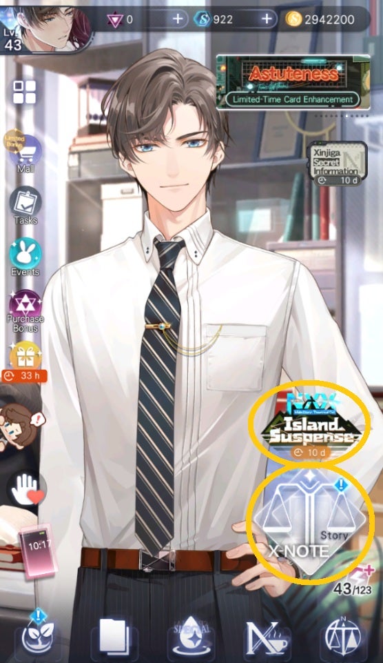 Tears of Themis main game page, featuring Artem's invitation as wallpaper. The Island Suspense event and X-Note story panel are both highlighted. - 3