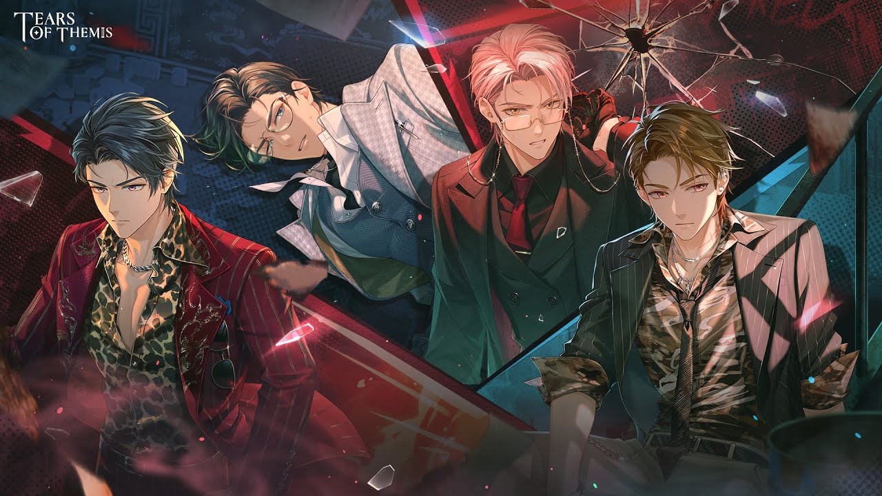 Marius, Artem, Vyn, and Luke in exaggerated modern gangster outfits against a moody dark red-and-blue background in the key art for Tears of Themis' Island Suspense permanent event. - 1