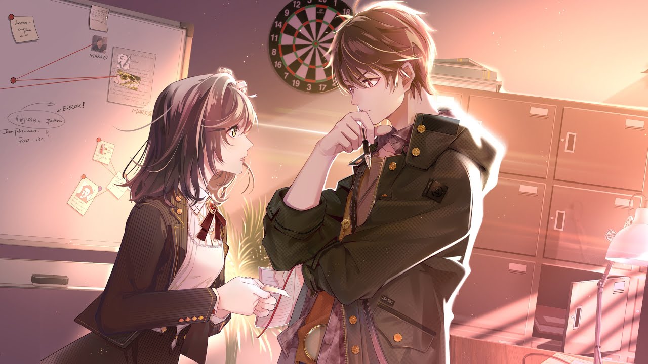 Tears of Themis Luke introduction key art, which shows Luke standing in an office with the protagonist, holding a pen and clearly deep in thought, with a whiteboard, a dartboard, and a stack of filing cabinets in the background. - 1