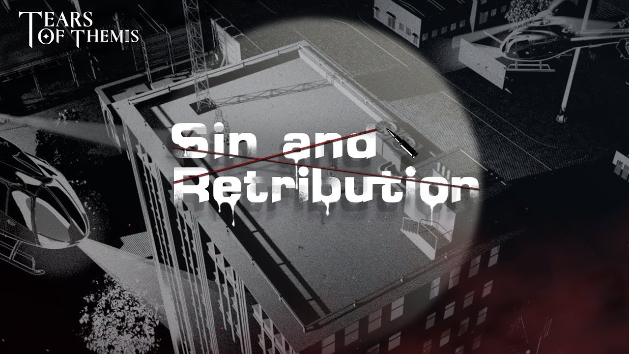 A noirish black-and-white scene shows helicopters circling a tall, rectangular building while spotlighting areas of it with their lights in Tears of Themis' Episode 15 trailer key art. - 1