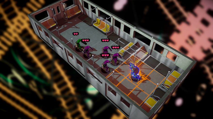 A turtle fights through a subway car in Teenage Mutant Ninja Turtles: Tactical Takedown.
