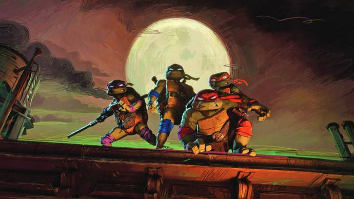 The four main turtles in Teenage Mutant Ninja Turtles: Mutant Mayhem stood on a rooftop, moon shining behind them, all of them with a comedically serious expression on their faces.