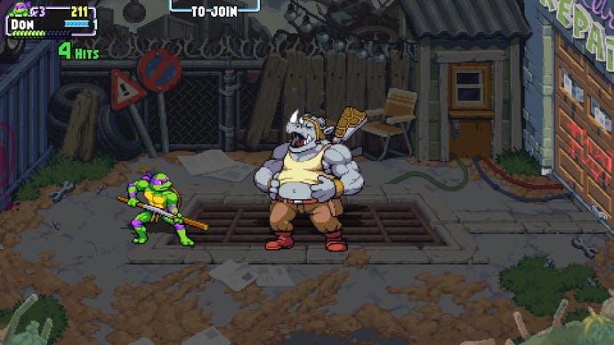 Donatello faces a laughing Rocksteady in Teenage Mutant Ninja Turtles: Shredder’s Revenge