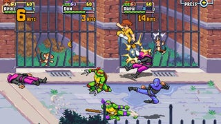 April, Donatello, and Raphael fight Foot Clan members in front of some caged monkeys in Teenage Mutant Ninja Turtles: Shredder's Revenge