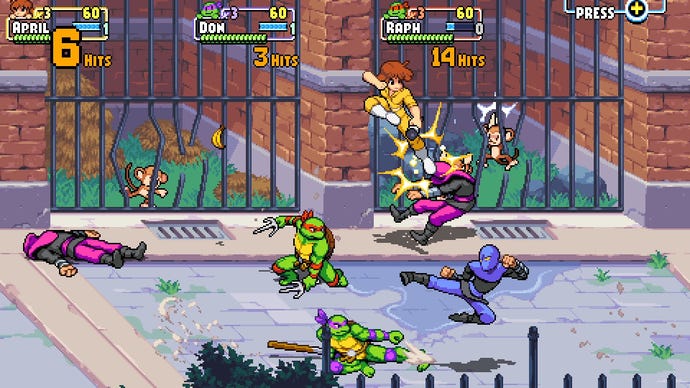 April, Donatello, and Raphael fight Foot Clan members in front of some caged monkeys in Teenage Mutant Ninja Turtles: Shredder's Revenge