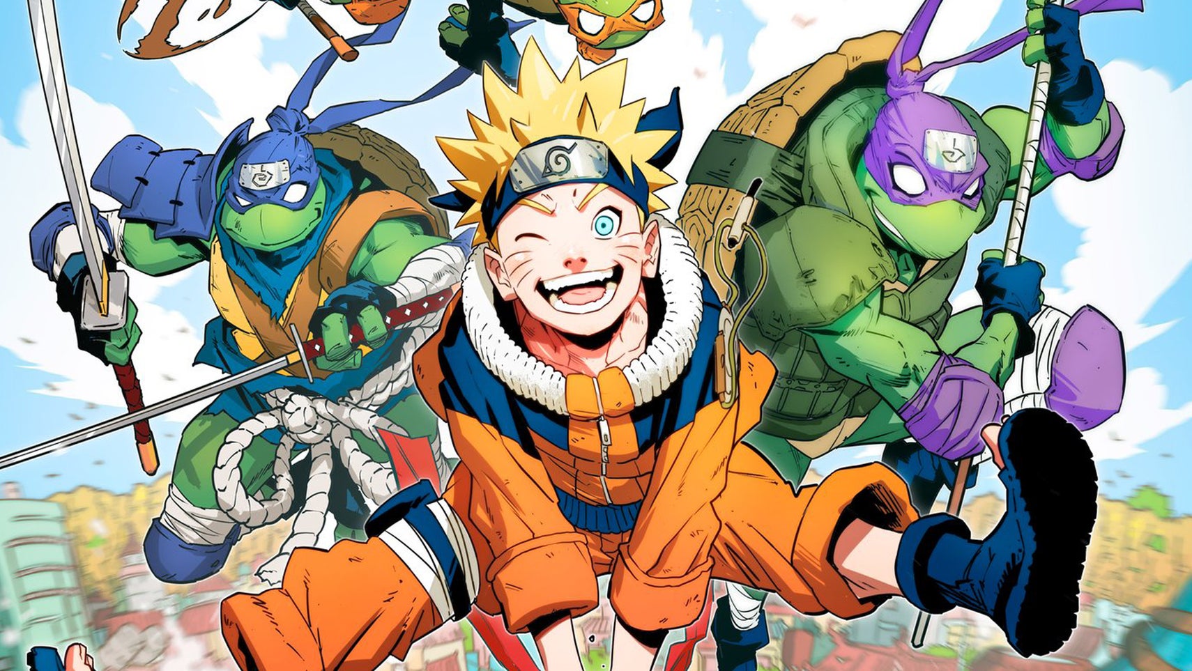 Naruto posed with the Teenage Mutant Ninja Turtles on the front cover of a comic. - 1