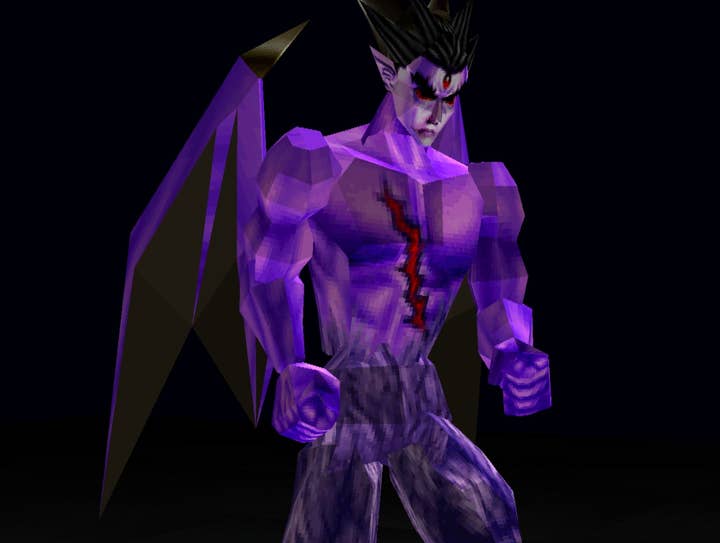 Image of the relatively blocky looking Devil Kazuya in Tekken 2, a purple shirtless version of Kazuya with bat wings, a gem in his forehead, and a fur-covered lower body