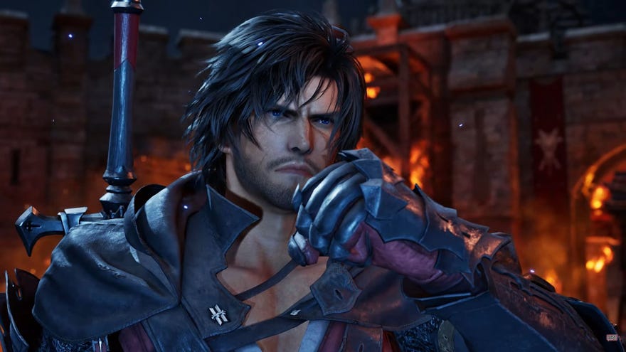 Clive raises his fist in preparation for a fight as the castle behind him burns.