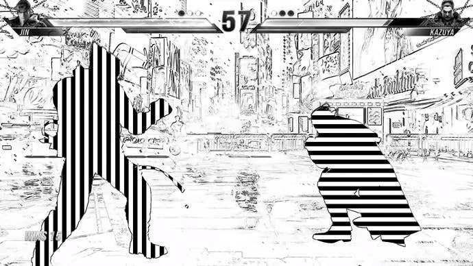 Two characters battle in Tekken 8 with the game’s colourblind mode filter turned on, replacing their appearance with horizontal and vertical black and white stripes
