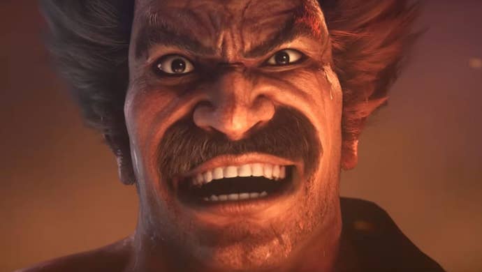 Heihachi laughs into the camera surrounded by the glow of lava.