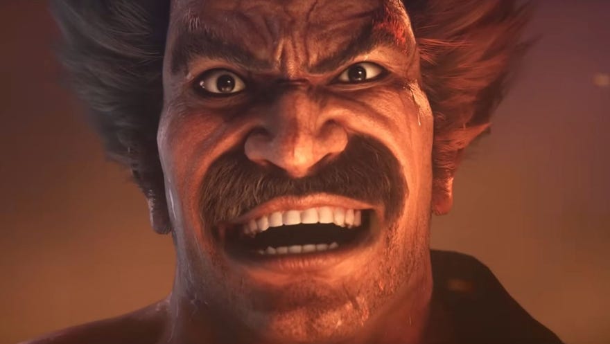 Heihachi laughs into the camera surrounded by the glow of lava.