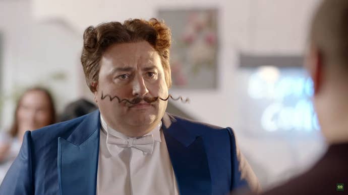 The mustachioed mascot of the Go Compare website looks confused.