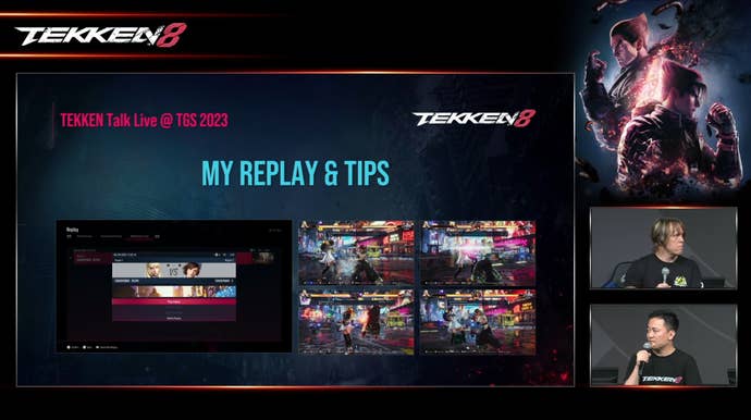Tekken 8 presentation, with a big focus on 'My Replay & Tips' featuring long-time producer, Michael Murray.