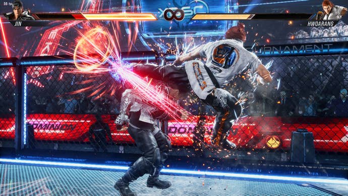 Hwoarang kicks Jin in the head in Tekken 8.