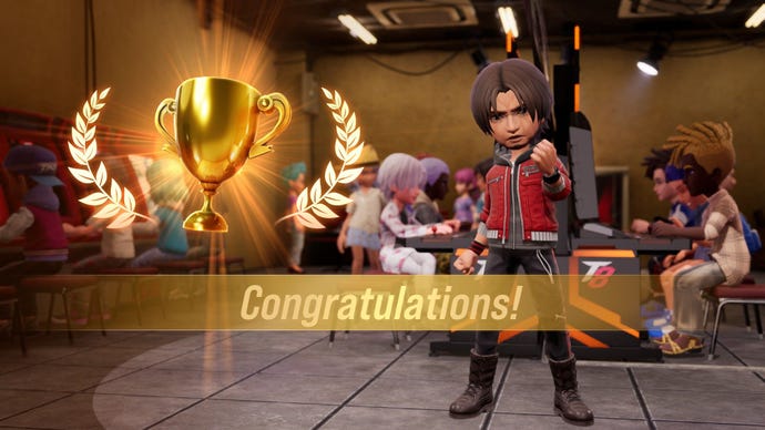 A legally distinct Mii gets a hearty congratulations trophy in Tekken 8.