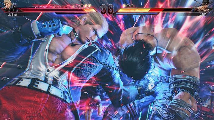 Tekken 8 screen showing Steve landing a clean punch right to Law's gut