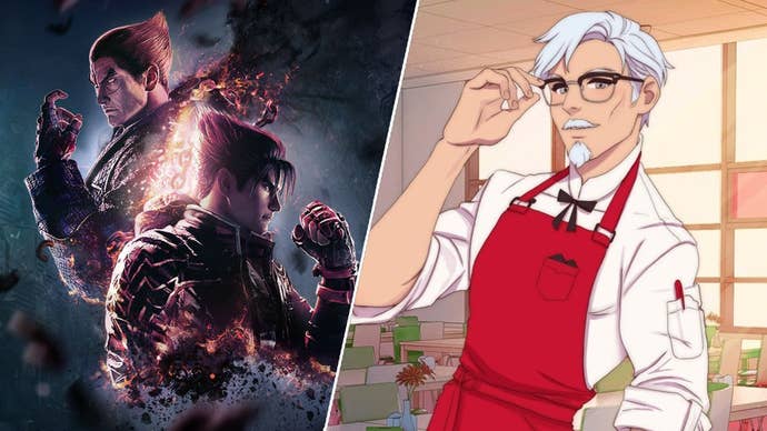 On the left, key art for Tekken 8 of Kazuya Mishima and Jin Kazama back to back, fists raised. On the right, a hunky version of KFC’s Colonel Sanders in a visual novel style.