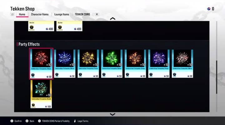 An image of the Tekken Shop showing eight different "Party Effects" for sale in bundles of 10. Seven single color effects (red, blue, green, etc.) are 50 Tekken Coins each, but the Rainbow Effects bundle is 100 Tekken Coins. A legend on the bottom of the page says you can press the Square button for information about "Tekken Coins Period of Validity."
