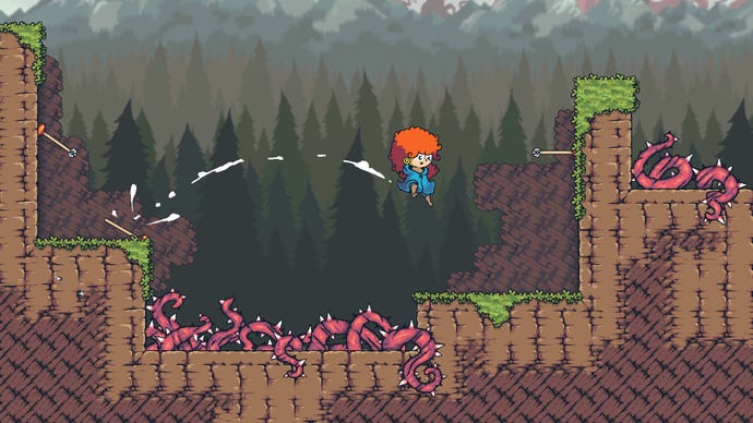 A red-haired girl jumps over a thorny chasm in Telmari