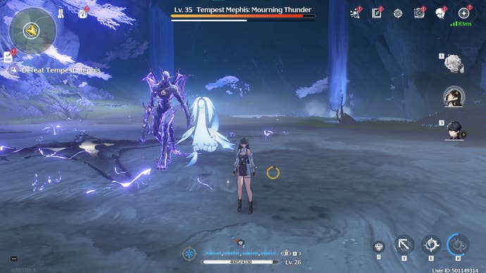 A screenshot from Wuthering Waves showing the Tempest Mephis boss fight.