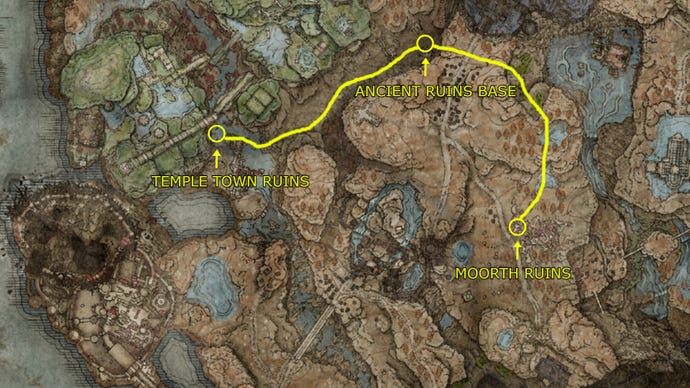 Un mapa que muestra el camino a las ruinas de Temple Town desde las ruinas de Moorth en Elden Ring: Shadow of the Erdtree