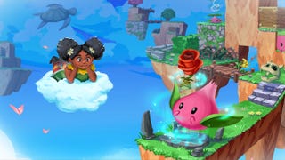 Colourful artwork for the colourful game Tempopo. A girl floats on a cloud nearby an island in the sky, on which a pink blobby creature with a cute face runs away from a bodiless skull.