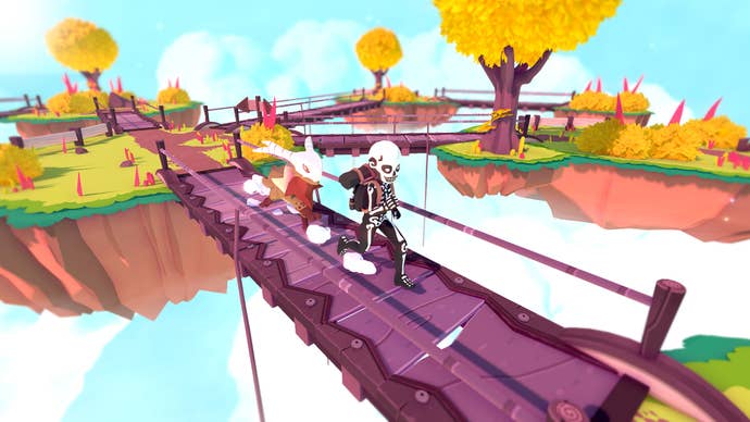 A Temtem screenshot showing a player character walking across a bridge between floating islands while their Temtem follows behind.