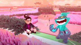 A screenshot of Temtem showing Cipanku island, featuring pink wheat fields and a trainer and Temtem poised on a low wall in the foreground.