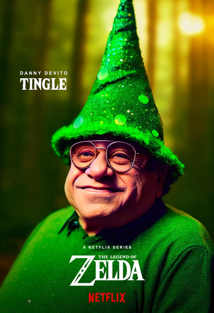 Danny DeVito jako Tingle na fikcyjnym plakacie nieistniejącego filmu Zelda