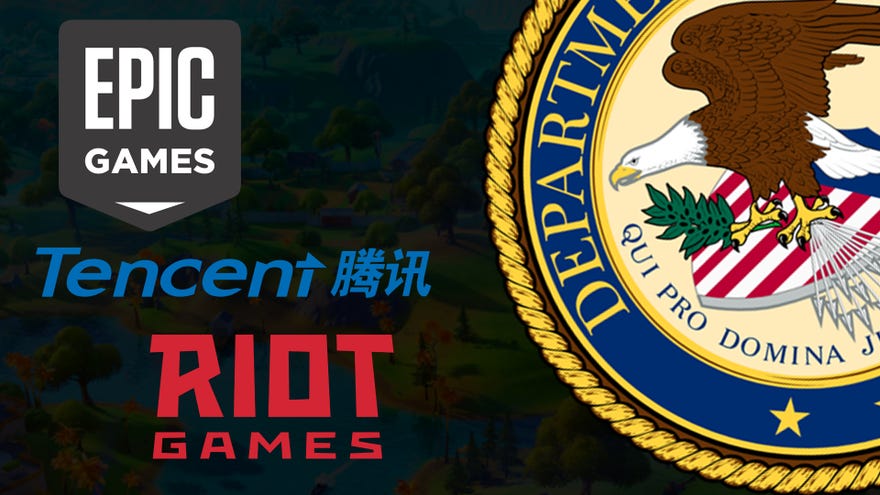The eagle from the logo of the US Department of Justice swoops down on the logos of Epic Games, Tencent, and Riot Games.