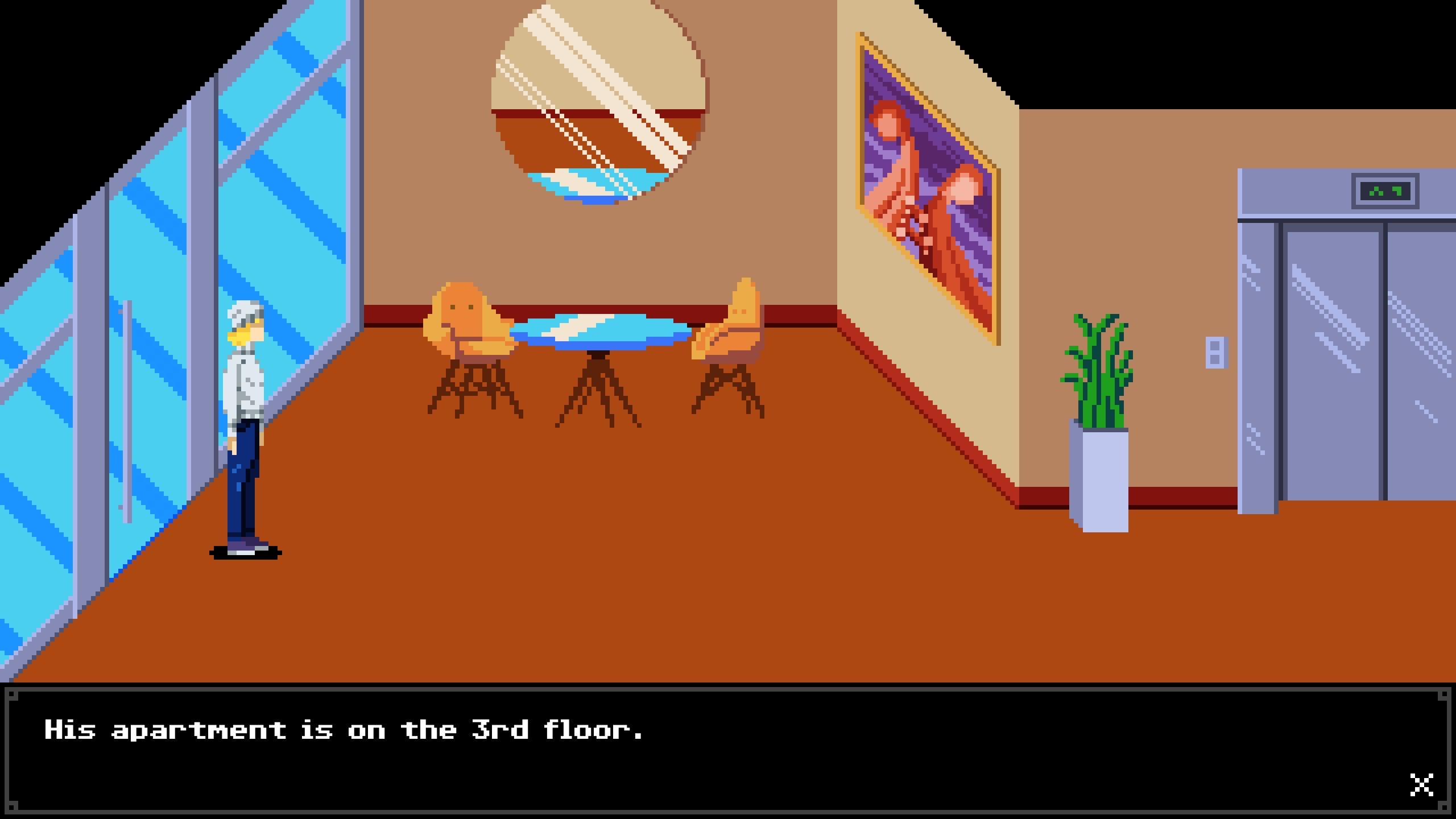 A pixelated 2D, side-on screenshot showing a blond character in a lobby of an apartment block.