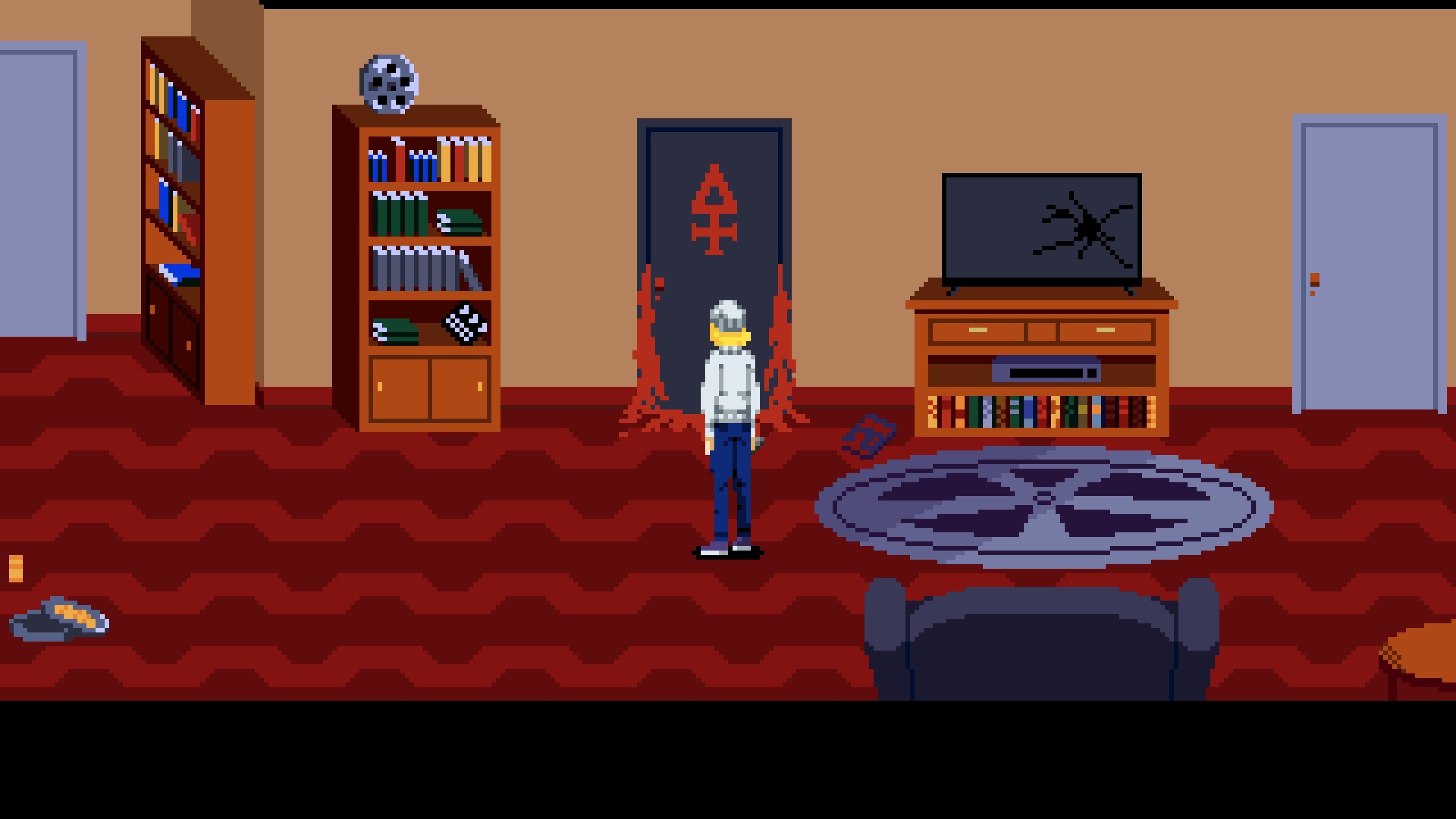 A pixelated retro-style screenshot showing a blonde character in a house that has a door covered with a red gloopy substance and that has a symbol on.
