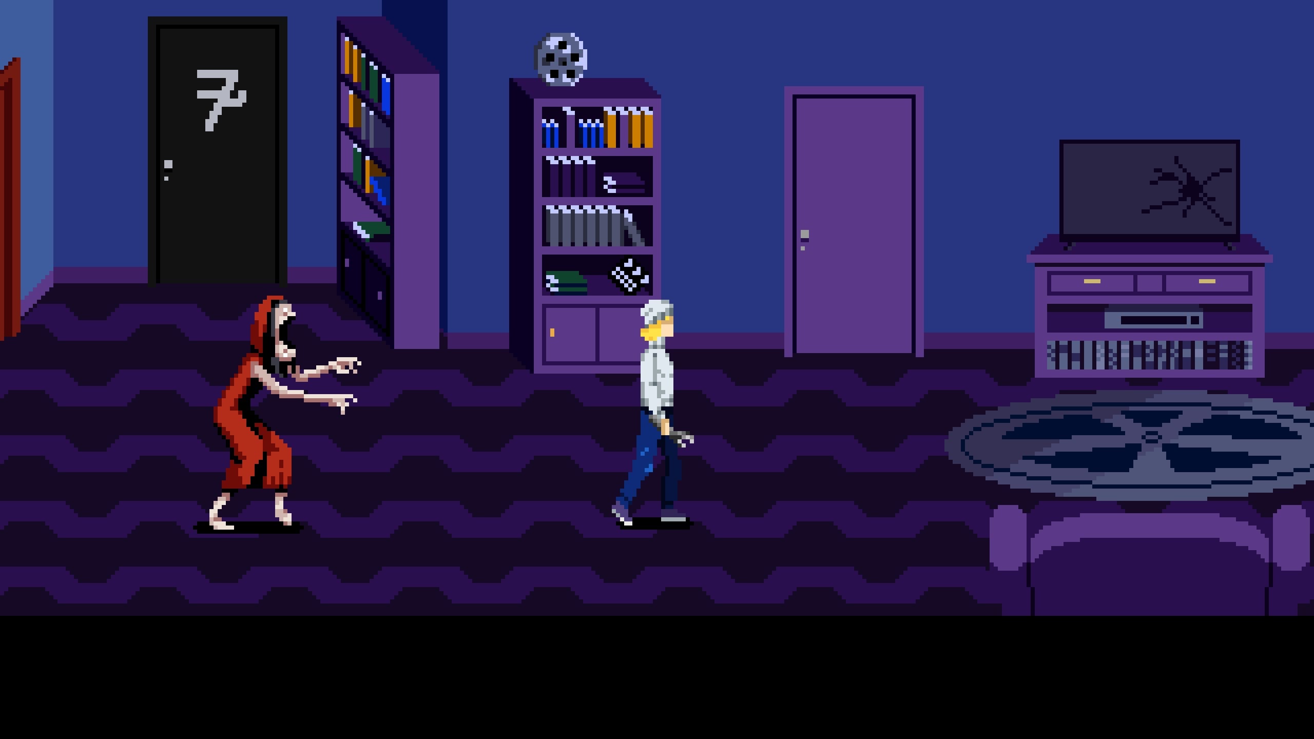 A pixelated retro-style image of a blonde character being chased by a humanoid monstrosity with a huge mouth.