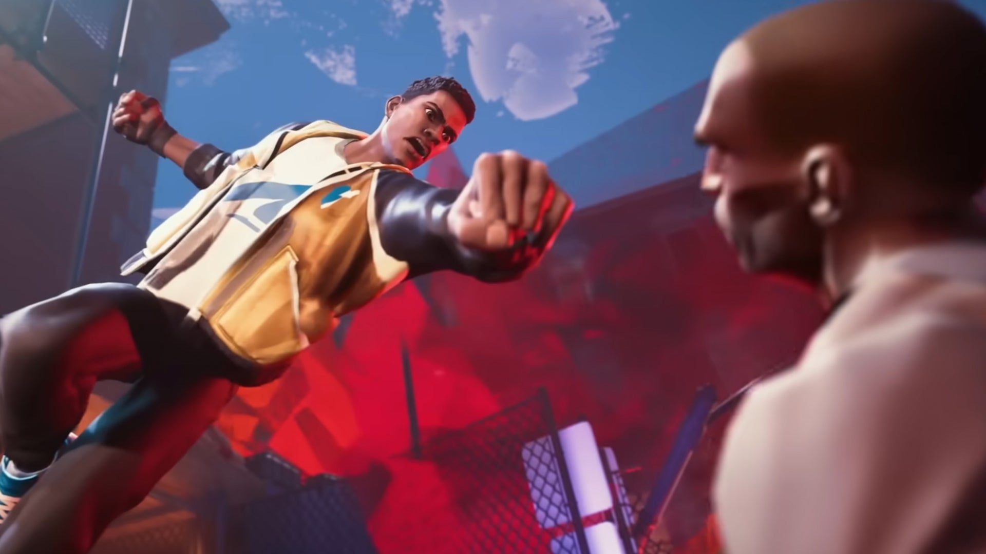 A man jumping in the air preparing to punch another man in Tenet of the Spark. - 1