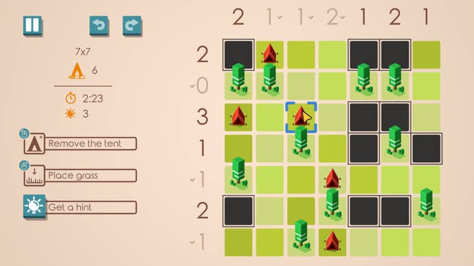 A half-completed grid puzzle in Tents And Trees