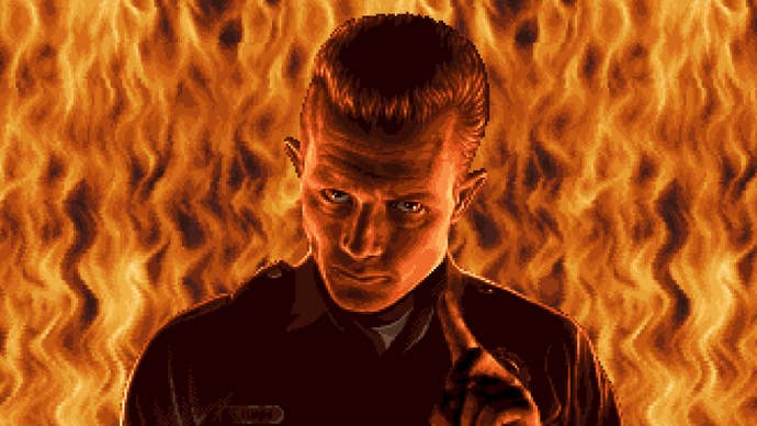 Terminator 2D: No Fate screenshot showing the T-1000 wagging his figure at the camera while a fiery inferno rages around him.