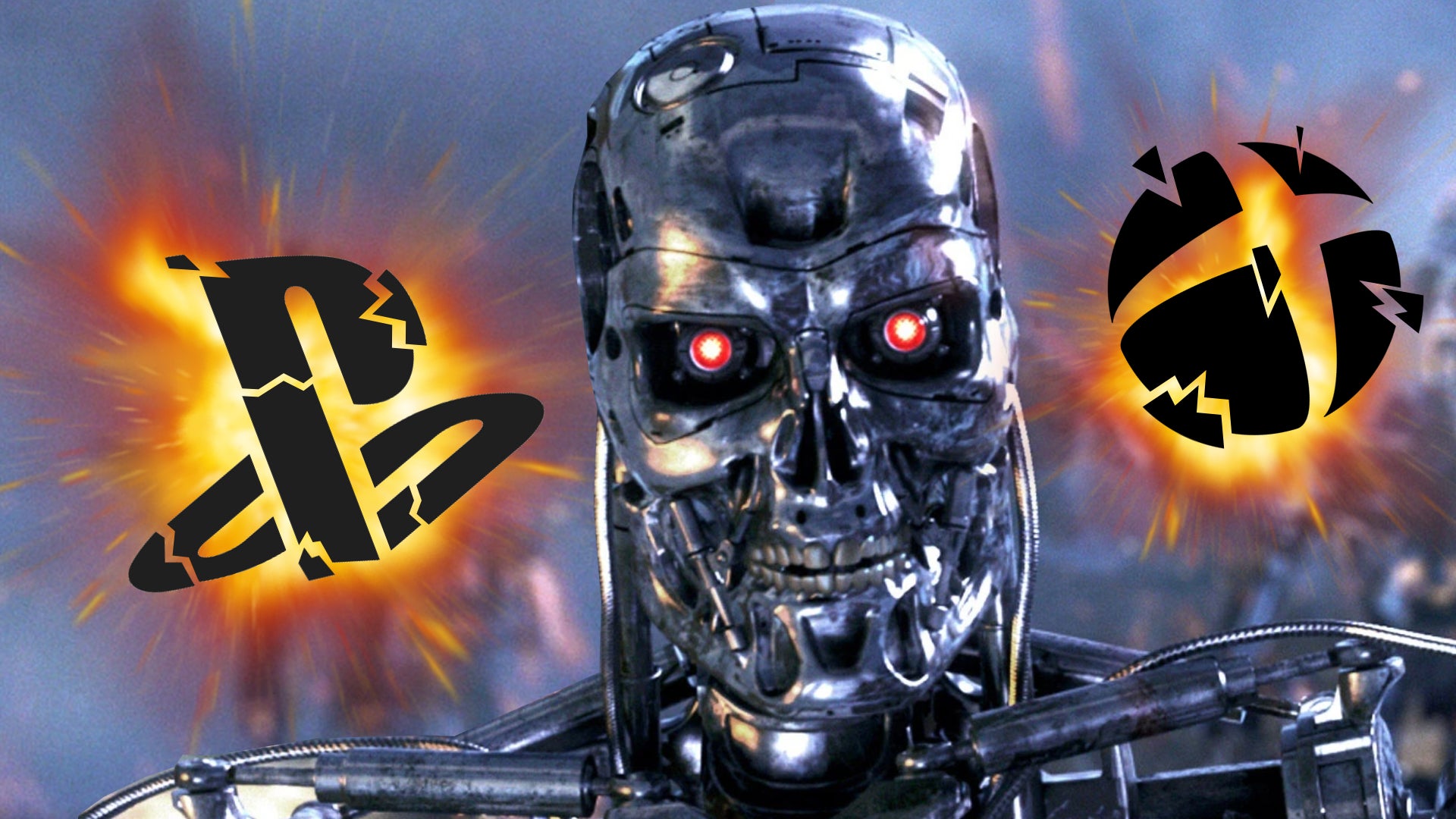Terminator's T-800 looking menacingly at the camera while explosions shatter the PlayStation and Xbox logos behind it.