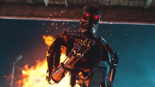 Terminator: Survivors screenshot showing a red-eyed Terminator illuminated against a fiery background.