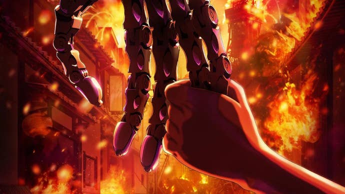 A Terminator Zero poster showing a child holding the robotic skeletal hand of a Terminator as a street burns in front of them.