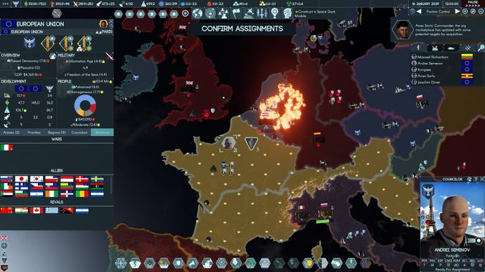 A top down map of Europe showing assignments and potential wars etc in Terra Invicta