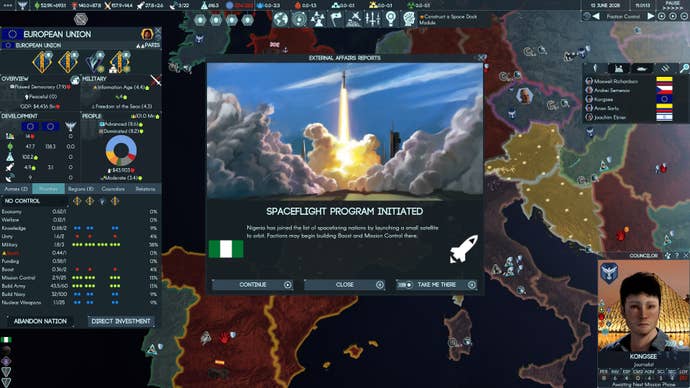 A screen in Terra Invicta confirming that the space flight program has been initiated